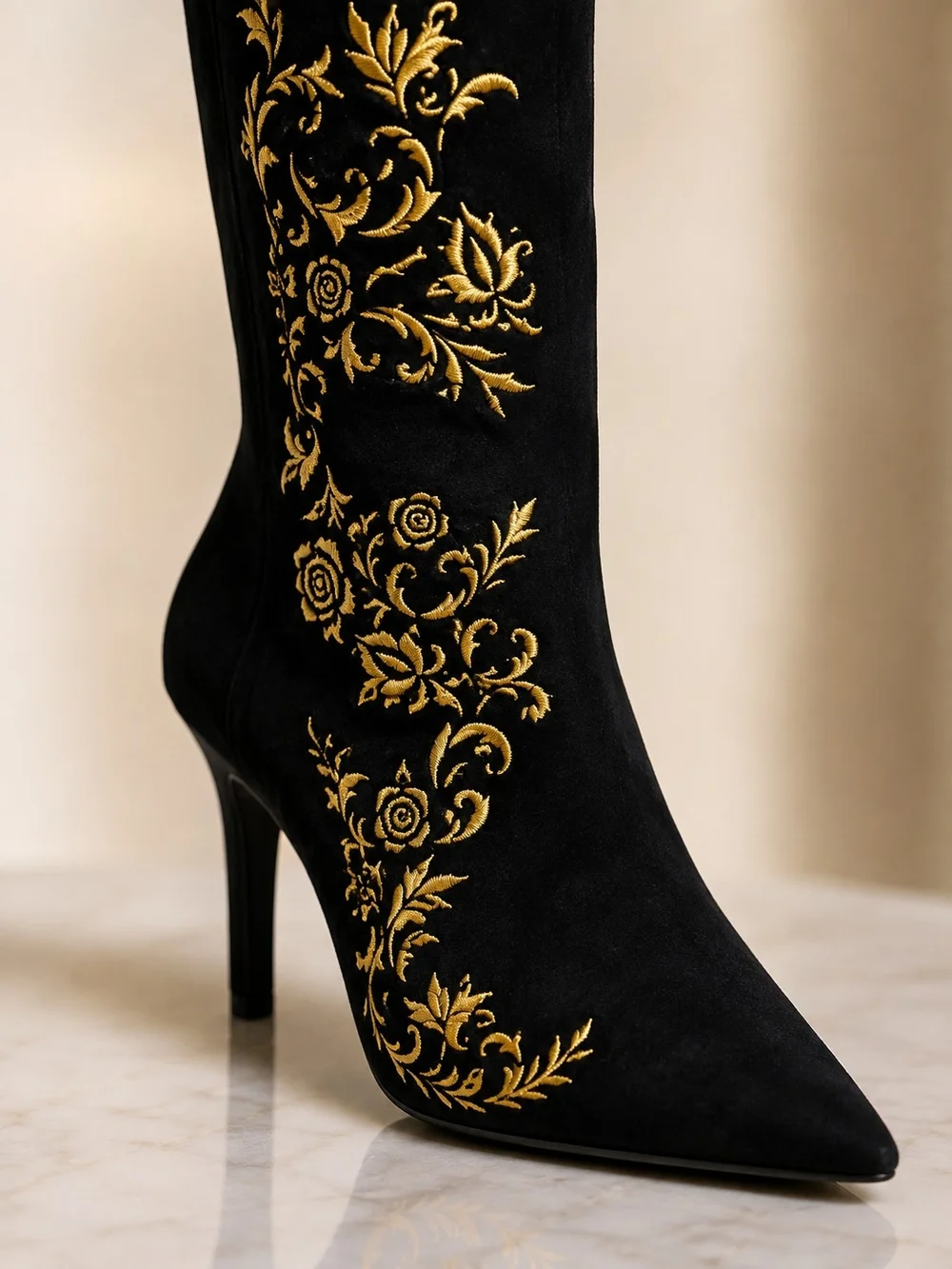 Karl Lagerfeld Black Over-the-Knee Boots with Gold Embroidery